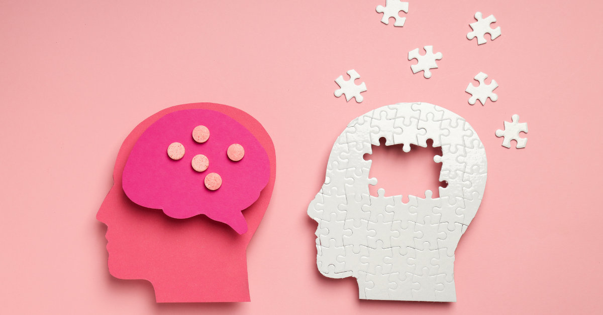 an image of two side profiles with puzzle pieces on a pink background.